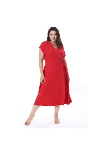 Kadın Büyük Beden Kırmızı Bürümcük Kumaş Beli Tokalı Anvelop Elbise 65n38314-kırmızı Kırmızı