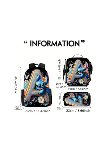 Honeybeeshop Stitch Ve Elmas Çiçekli 3 Adet Sırt Çantası Seti Büyük Kapasiteli Sku K K