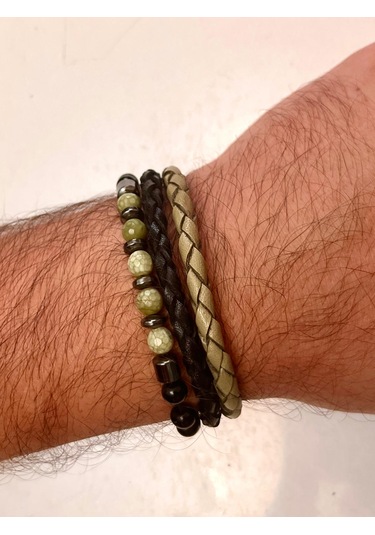 %100 Deri&hematit Kombinli 3lü Erkek Bileklik Set 21 Cm Türk El