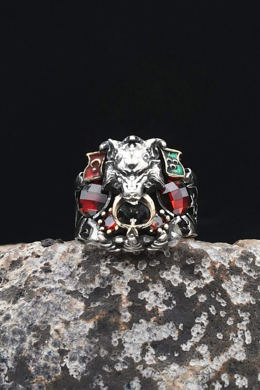 Ay Yıldızlı - Ay Yıldız Ve Kurt Figürlü Ve Kırmızı Zirkon Taşlı 925 Ayar Gümüş Erkek Yüzük 902327 Gümüş