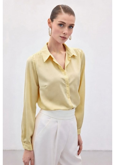 Sateen Düz Klasik Gömlek - Sarı-136999 sarı