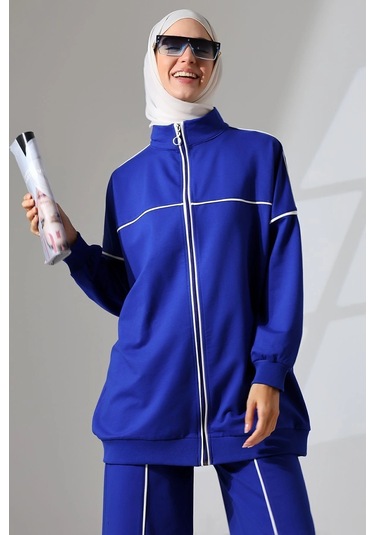 Kadın Saks Mavisi Mevsimlik Penye Alt Üst Spor Ve Rahat Tesettür Takım Saks Mavisi