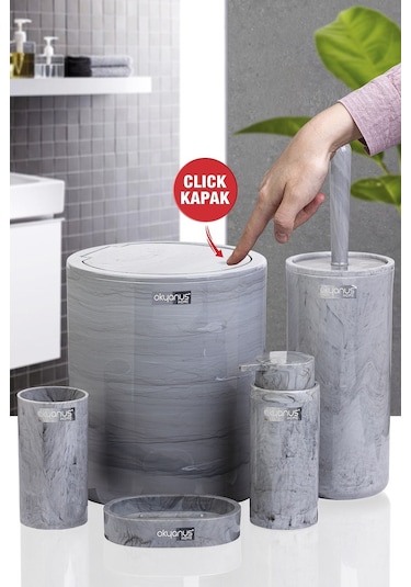 Okyanus Home Yuvarlak Mermer Desenli 5'Li Banyo Seti OKY-513 Gri