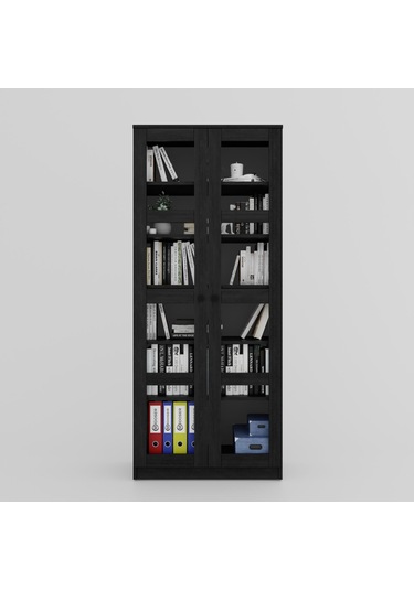 Lucas Cam Kapaklı Vitrin - Büfe - Kitaplık Ve Çok Amaçlı Dolap Ayarlanabilir Raf - Siyah Siyah