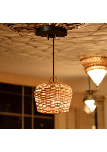 Hasır Yuvarlak Avize El Yapımı 25 Cm Sarı