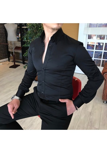 Italyan Stil Slim Fit Dik Yaka Saten Erkek Gömlek Siyah T4739