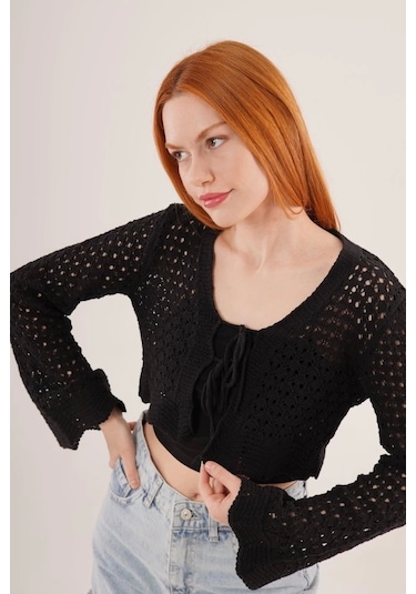 Ön Bağlamalı Ajurlu Crop Siyah Hırka Siyah