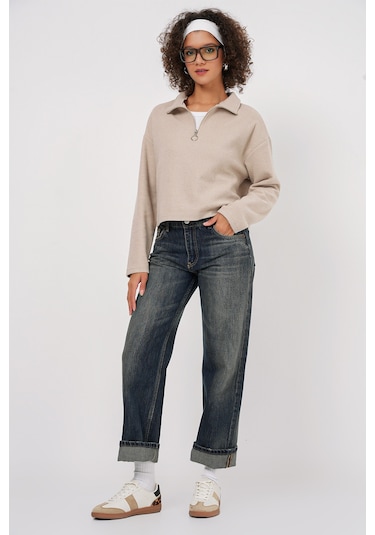 Bigdart 55449 Fermuarlı Yaka Örme Sweatshirt - Krem