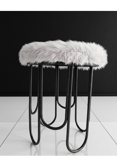Destan Beyaz Peluş Kumaş Metal Puf Siyah
