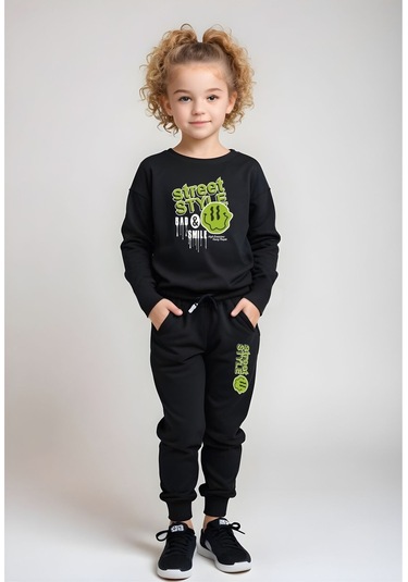 Fyk Kids Bel Detayı Lastikli Street Yazı Baskılı Kız Çocuk Alt-üst Takım Siyah