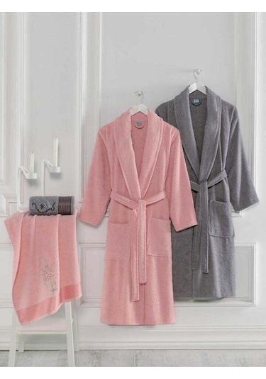 Pudra Antrasit Havlulu Bornoz 4'lü Set Antrasit -Pudra