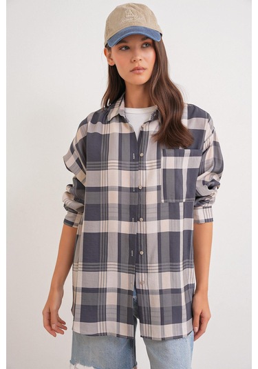 4752 Kadın Oversize Ekose Gömlek Antrasit Antrasit