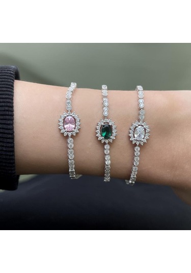 Silver Point Yeşil Oval Taşlı Su Yolu Bileklik Gümüş