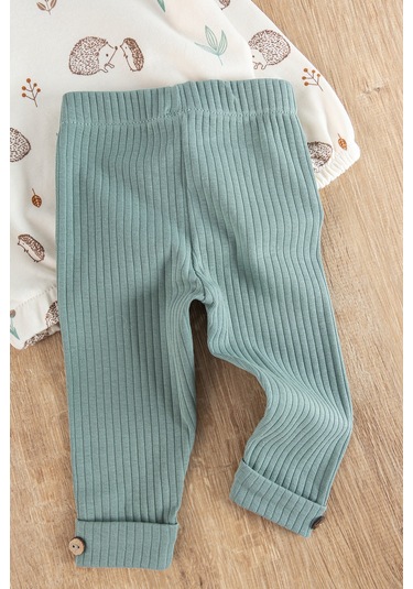 Figürlü 3'lü Şapkalı Unisex Bebek Takımı Su Yeşili