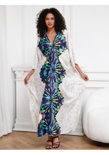 Edolynsa Beyaz Bohem Sabahlık Kaftan Ev Elbisesi Büyük Beden Ev Giyimi Nefes Alabilen Yazlık Hafif Ceket Mayo Üstü Q1289 Çok Renkli