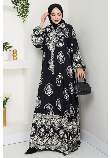 Giral Dokuma Viskon Elbise 1543 - Siyah Siyah