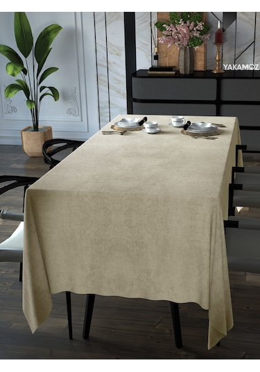 Kumsal Beji Kadife Dokulu Masa Örtüsü Dertsiz Velvet Touch Serisi Kumsal Beji