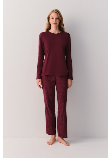 Suwen Pamuklu Comfort Pijama Takımı Sh26405660020 Bordo