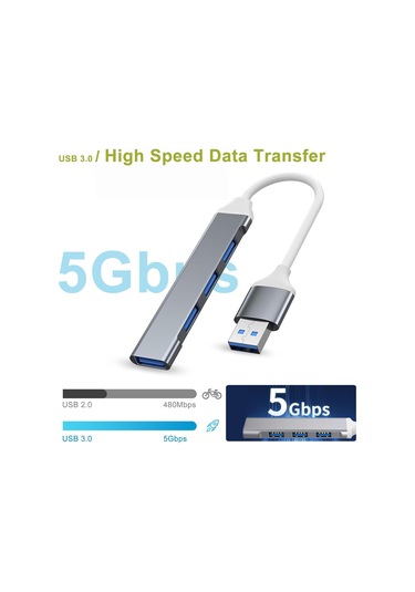 Usb Hub Çoklu Bağlantı Noktası Adaptörü, 4'ü 1 Arada Usb Bağlantı Noktası Ayırıcı, 5 Gbps Veri Aktarımı, Alüminyum Gümüş