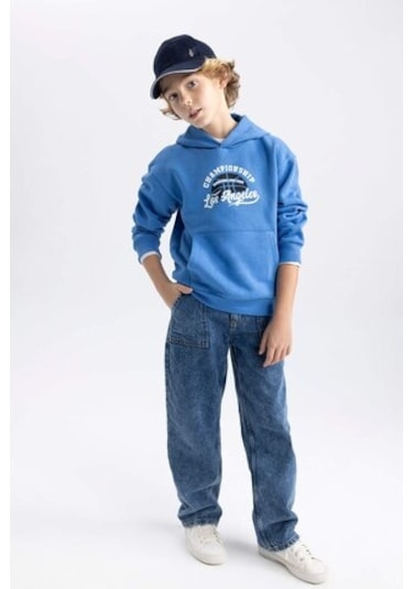 DeFacto Erkek Çocuk Baskılı Kanguru Cepli Kapüşonlu Sweatshirt B7821A8NSBE124 Mavi
