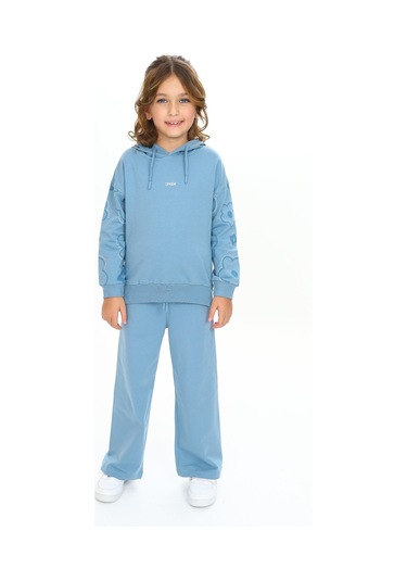 Toontoy Kız Çocuk Kapüşonlu Kol Çiçek Baskılı Eşofman Takım Mavi