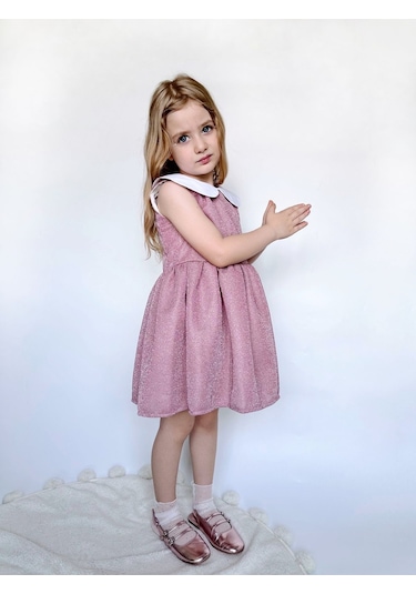 Linola Baby Kids Shiny Simli Bebe Yakalı Çocuk Elbisesi Pembe