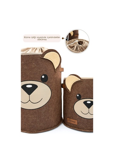 Mordesign 2'li Set, Çocuk Saklama Kutusu,dolap Içi Çamaşır/oyuncak Düzenleyici, Kirli Sepeti, Morbear Serisi Kahverengi 2'li Set
