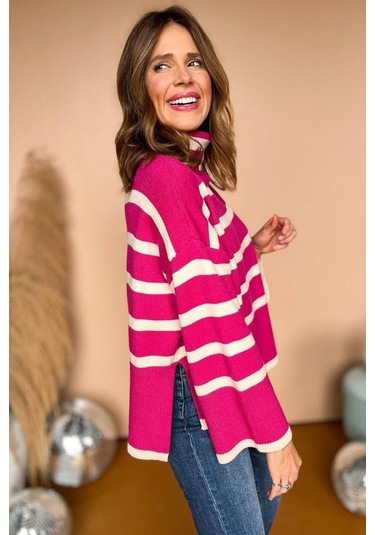 Kadın Uzun Kollu Balıkçı Yaka İspanyol Kol Triko Bluz Pembe