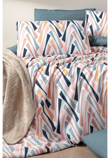 Lastikli Çarşaflı Tek Kişilik Nevresim Takımı Shap Petrol Yeşili - Somon