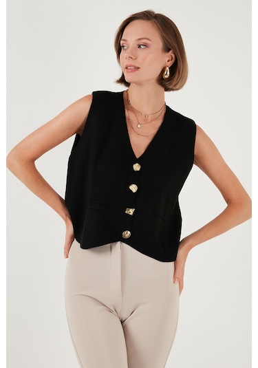 Lela Standart Fit V Yaka Düğmeli Triko Bayan Yelek 4616177 Siyah