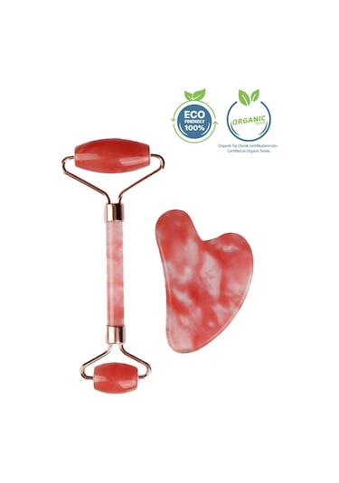 Seay Çilek Kuvars Taşı Face Roller Ve Gua Sha Yüz Masaj Aleti