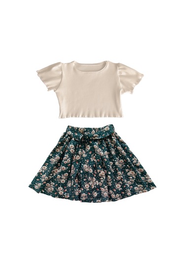 Çocuk Etekli Takım, Papatya Desenli Etek - Sütlü Kahve Crop Skahve-papatya Krem - Yeşil