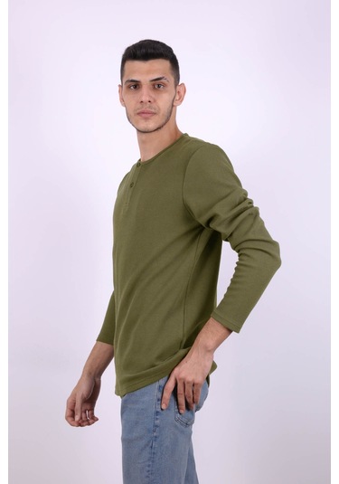 Trender Düğmeli Waffle Yeşil Erkek Sweatshirt 5070 Yeşil