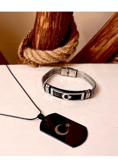 Ay Yıldız Türk Bayrağı Figürlü Çelik Kolye&bileklik Set Siyah