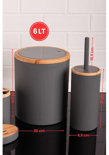 Bambu Desenli Modern 5'li Banyo Seti Çizgili Gri