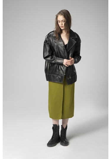 Dericlub Wm019 Oversize Biker Hakiki Deri Kadın Mont Siyah/bej Null Siyah