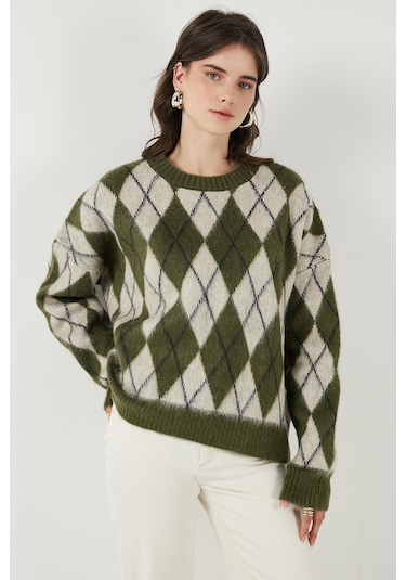 Lela Oversize Fit Bisiklet Yaka Baklava Desenli Yumuşak Dokulu Bayan Kazak 4616223 Haki