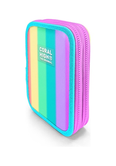 Coral High Renkli Çizgili Desenli Çift Katlı Kalem Çanta 11130 Pembe - Sarı