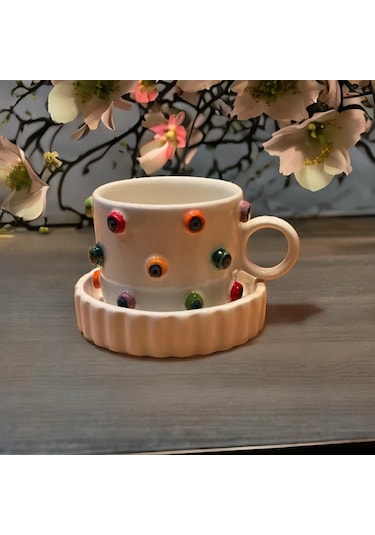 Kabartma Rengarenk Nazar Boncuklu Fincan