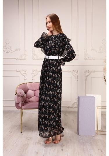 Aymeravm - Omuzu Fırfırlı Desenli Kadın Elbise - She2301Ga