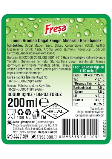 Freşa Limon Aromalı Doğal Zengin Mineralli Gazlı İçecek 4'lü 6 x 200 ML