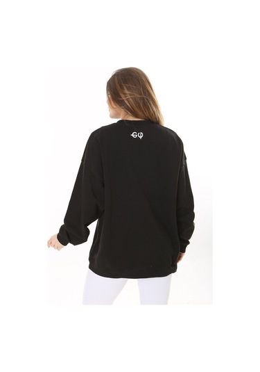Kadın Büyük Beden Siyah Pamuk Kumaş Nakışlı Sweatshirt 65n37617-siyah Siyah
