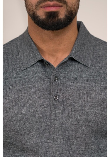 Woolen World Polo Yaka Slimfit Desenli Yünlü Erkek Triko Kazak Gri