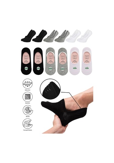 Bambu Kadın Babet Siyah-beyaz-gri Çorap Dikişsiz Görünmez Kaydırmaz Topuk Silikonlu Premium 6'lı Set Renkli