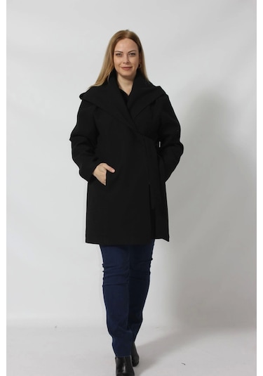 Moda Berray Kuşaklı Yandan Bağlama Detaylı Kapüşonlu Kaşe Kaban Siyah