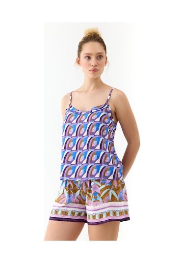 Amarelle Liberty Mor Desenli İnce Askılı, Şortlu Pijama Takımı