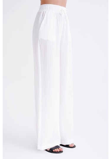 4286 Kadın Bol Paça Beli Lastikli Müslin Palazzo Pantolon Beyaz Beyaz