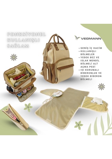 Vegmann Tender Kanvas Kumaş Anne Bebek Bakım Sırt Çantası Biberon Termos Gözlü Kahverengi-bej Kahverengi-bej Bej - Kahverengi