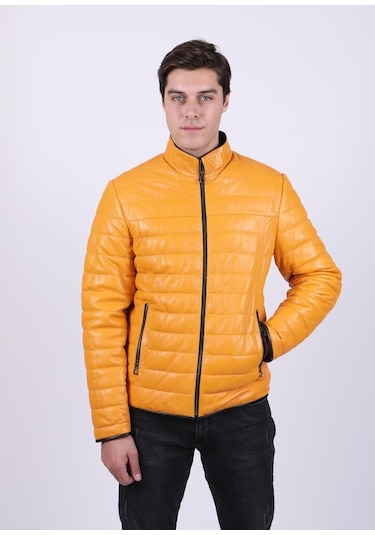 New Zaya Leather Erkek Şişme Sarı Deri Ceket Sarı