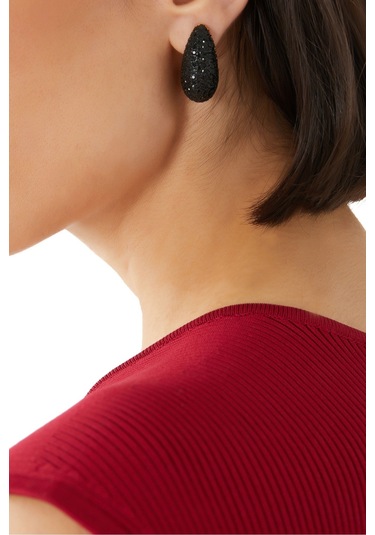Pave Dome Earrings, Kristalli Kup Tarzı Küpe Siyah
